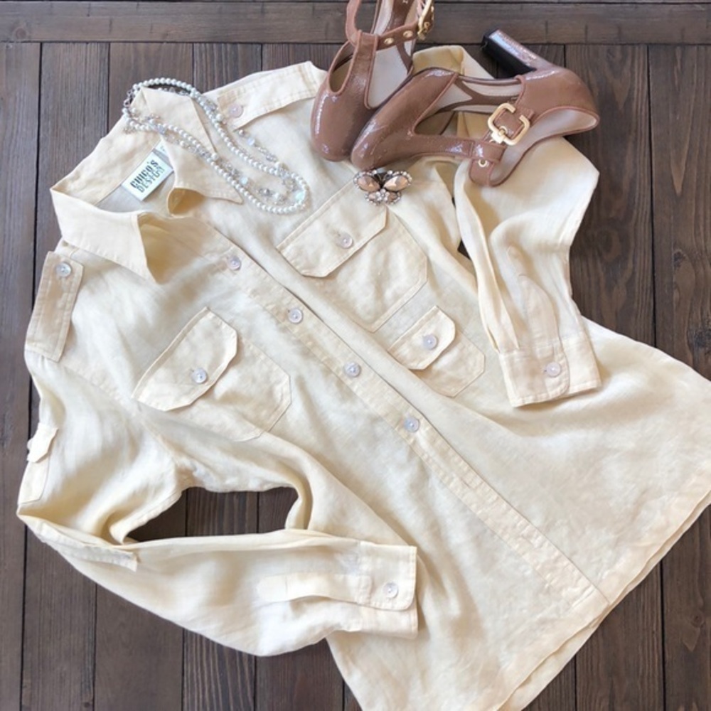 Chicos design Awesome pale yellow 100% linen shirt